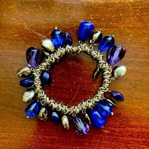 Blue and silver beads with stretch steel bracelet